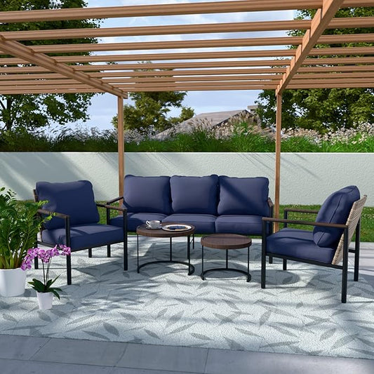 COOS BAY Sand Dune 5 Piece Wicker Patio Furniture Set, Rattan Outdoor Furniture with Nesting Tables, Chairs, Couch, and Coffee Tables, Brown/Blue