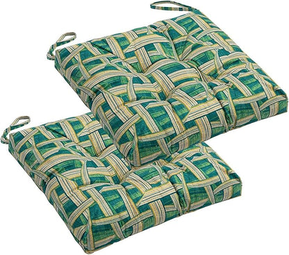 2-Pack Outdoor/Indoor Wicker Patio Seat Cushion Pad with Ties - Dining Chair Cushion, 17" x 17" (Green Plaid)