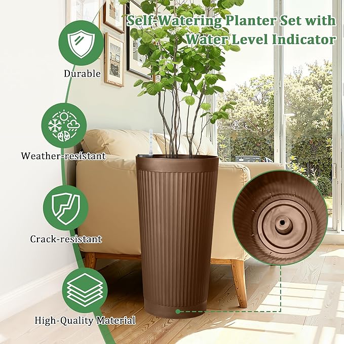 TUYOHW Set of 2 Self-Watering 24in Plastic Round Planters with Vertical Stripe Design – Indoor Outdoor Flower Pots for Plants, Herbs, Small Trees