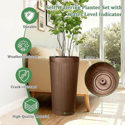 TUYOHW Set of 2 Self-Watering 24in Plastic Round Planters with Vertical Stripe Design – Indoor Outdoor Flower Pots for Plants, Herbs, Small Trees