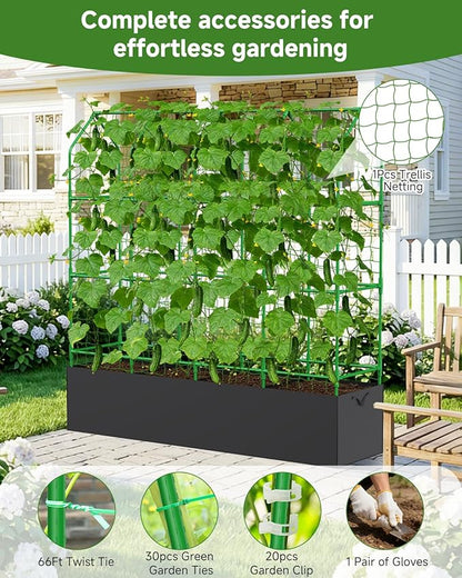 Cucumber Trellis with Grow Bag for Raised Bed, A-Shape Garden Trellis for Climbing Plants Outdoor, Metal Plant Trellis with Garden Netting for Flower Vegetables, Pea, Grape (67x17.7‌x65‌in)