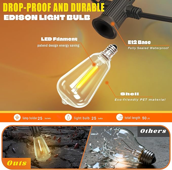 Outdoor Solar Waterproof Light String, 50FT Wire and 25 shatterproof Bulbs, dimmable Light Cannon with Remote Control, Suitable for Courtyard, Terrace, Balcony, Party Decoration Lighting