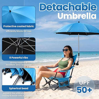 HaSteeL Low Beach Chair Set of 2, Foldable Blue Camping Chair with Adjustable Umbrella Set for Adults, Lightweight Portable Lawn Chairs for Fishing, Picnic, Outdoor BBQ, Travel, Sports