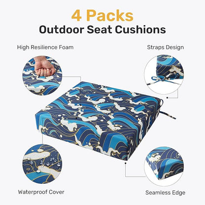 UNIKOME Outdoor Chair Cushions Pack of 4, Water Resistant Patio Cushions with Ties, High Density Sponge Filling Square Corner Seat Cushions for Outdoor Furniture, 19"*19"*3", Blue/Waves