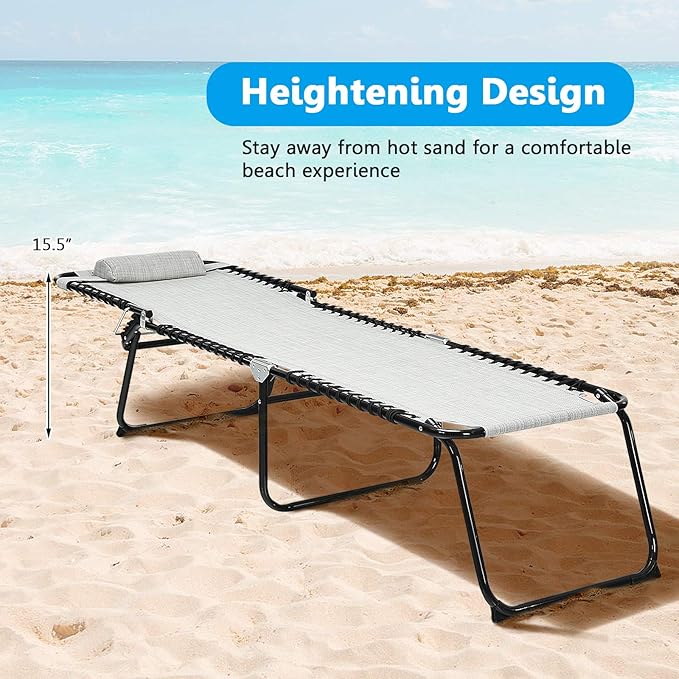 GYMAX Adjustable Chaise Lounge, Folding Lightweight Patio Recliner with Removable Pillow, Poolside Beach Sunbathing Chair for Outdoor/Indoor (Grey)