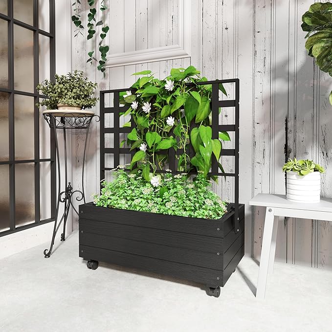 Outsunny Raised Garden Bed with Trellis and Wheels, Outdoor Wooden Elevated Planter Box, Freestanding Raised Flower Bed for Climbing Plants, Flowers, Herbs and Vegetables