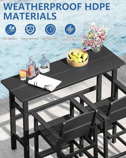 FOOWIN 3 Piece Outdoor Bar Height Table and Chairs, All Weather HDPE Patio Bar Set Outdoor Bistro Set,Adirondack Bar Chairs Set of 2 Outdoor Furniture for Bistro, Poolside, Backyard Black