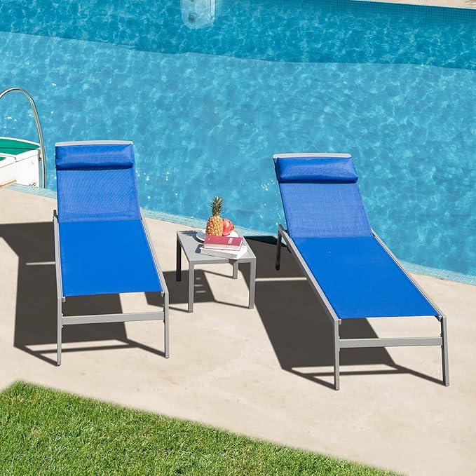 Domi Patio 3 Pieces Aluminum Textilene Chaise Lounge Set with Side Table Outdoor, Adjustable Back and Pillow for Yard Garden Sunbathing for All Seasons Blue