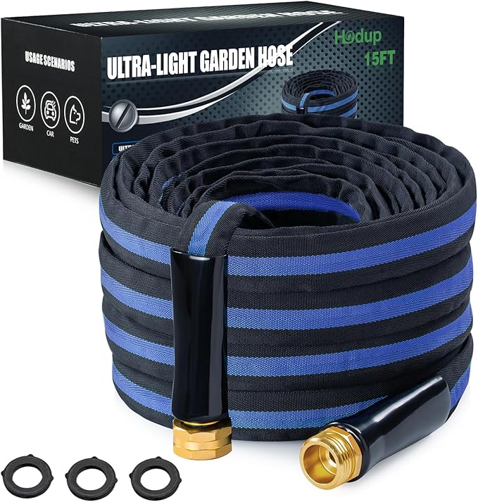 Ultra Lightweight 15FT Garden Hose - Heavy-Duty Kink-Free Flexible Hose, Non-Expanding Design with Aluminum Brass Fittings, Crush-Proof for Yard/Lawn/Outdoor Use(black-blue, 15 FT)