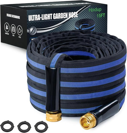 Ultra Lightweight 15FT Garden Hose - Heavy-Duty Kink-Free Flexible Hose, Non-Expanding Design with Aluminum Brass Fittings, Crush-Proof for Yard/Lawn/Outdoor Use(black-blue, 15 FT)