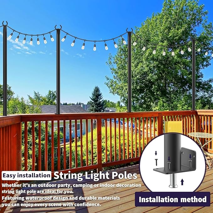4 Pack 5Ft String Light Poles,Light Poles for Outside String Lights,Outdoor Light Poles with Fork,Metal Pole Stand for Patio,Backyard,Deck