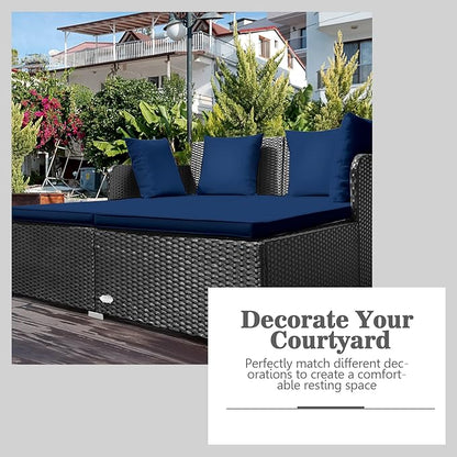 COSTWAY Outdoor Patio Rattan Daybed, Sponge Cushioned Loveseat Sofa with 4 Pillows, Wicker Furniture Sunbed for Balcony, Courtyard (Navy Blue)