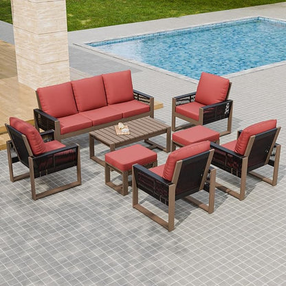 Rustic Hideaway Natural Cedar Wood Outdoor Furniture Set, Wicker Patio Conversation Set for Porch Garden Backyard, Couch, 4 Patio Chairs, Coffee Table and 2 Ottomans, 8 Piece, Brownish/Red