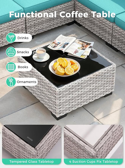 10 Piece Outdoor Wicker Rattan Sectional Sofa Set with Swivel Chairs & Fire Pit Table, 7-Seats with 4" Thickened Cushions & Coffee Table, All-Weather PE Rattan for Garden, Backyard, Porch, Navy