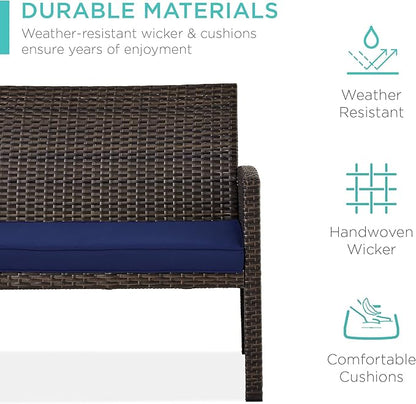 Best Choice Products 4-Piece Outdoor Wicker Patio Conversation Furniture Set for Backyard w/Coffee Table, Seat Cushions - Brown/Navy