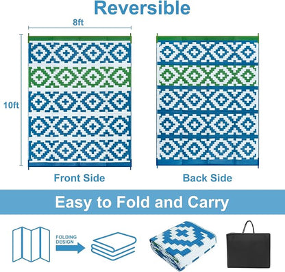 Anidaroel Camping Rug for Outside RV, 8x10 Waterproof Outdoor Rug for Patio Clearance, Reversible Plastic Straw Outside Area Rug for Deck, Camper, Backyard, Picnic(Blue&Green, 8‘x10')