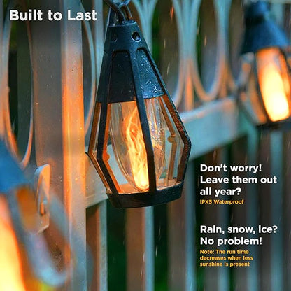 Solar String Lights Outdoor Waterproof - 10 Flickering LED Bulbs with Patented Flame Effect, 21 ft Solar-Powered Solar Hanging Lights Outdoor for Patios, Porches, Fences, Gardens & Decorative Ambiance