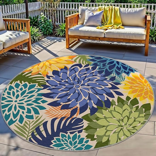 Colorful 6x6 Outdoor Area Rug Washable Multicolored Patio Rug Tropical Botanical Floral Chenille Waterproof Outdoor Carpet for Living Room, Deck, Backyard, Porch, Green