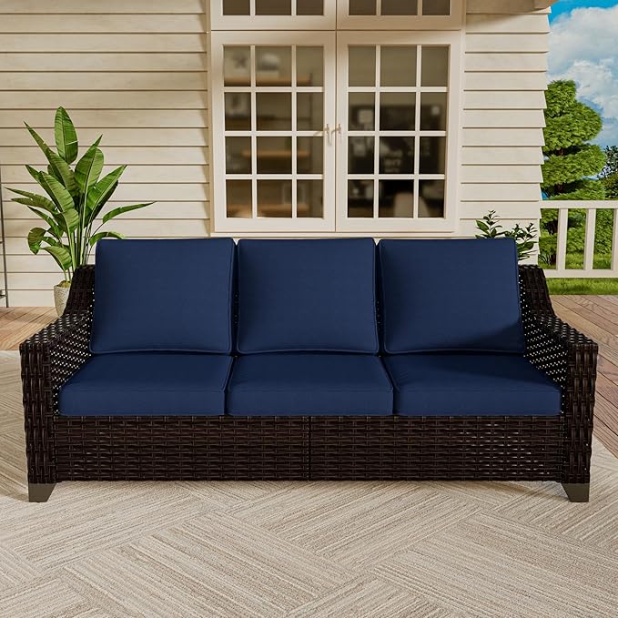 VistaVibe 78" Patio Wicker 3-seat Sofa, Deep Seat & Upholstered Loveseat, Outdoor All-Weather Rattan Couch with Removable Cushions, Steel Frame Couch for Garden, Poolside (Brown/Navy)