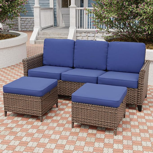 Canyon Ridge Wicker Patio Sofa with 2 Ottomans, Small Balcony Furniture, Outdoor Furniture Set, 3 Seat Couch, Brown/Blue