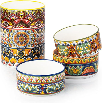 Henten Home Ceramic Ramekins Set Oven Safe, Colorful Cake Ramekins Set of 6, Boho Baking Cups for Pudding, Souffle, Ice Cream, Snack, Creme Brulee (8 oz)