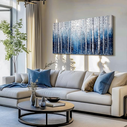 SERIMINO Birch Forest Wall Art, Nature Tree Extra Large Artwork, Spiritual Landscape Canvas Painting, Blue and White Aesthetic Pictures Wall Decor Living Room Bedroom Office Art Prints 29"X57"