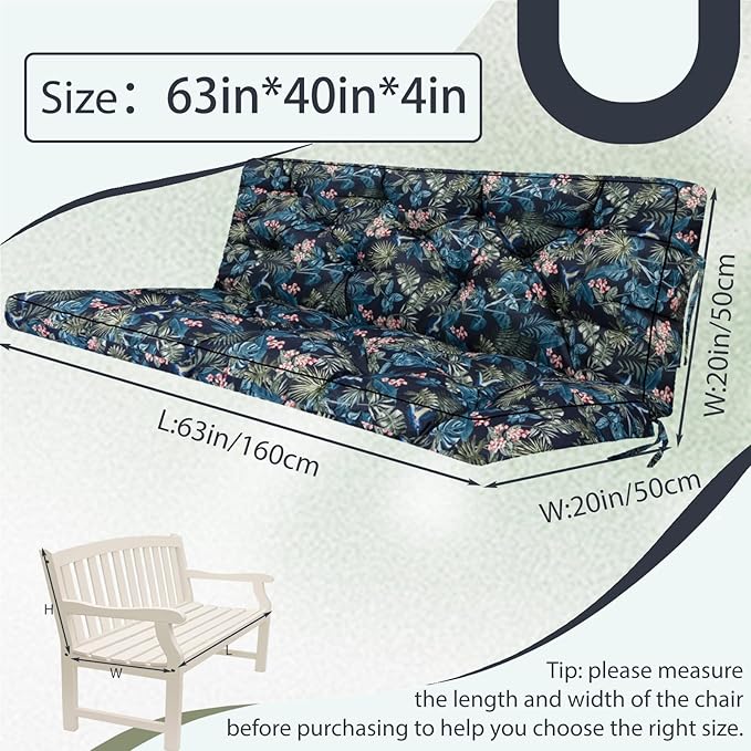 2/3 Seater Swing Replacement Cushion, Waterproof Porch Swing Cushions with Backrest, Thickened Bench Cushions for Outdoor Furniture, for Outdoor Patio Swing (Hummingbird, 63 * 40in)