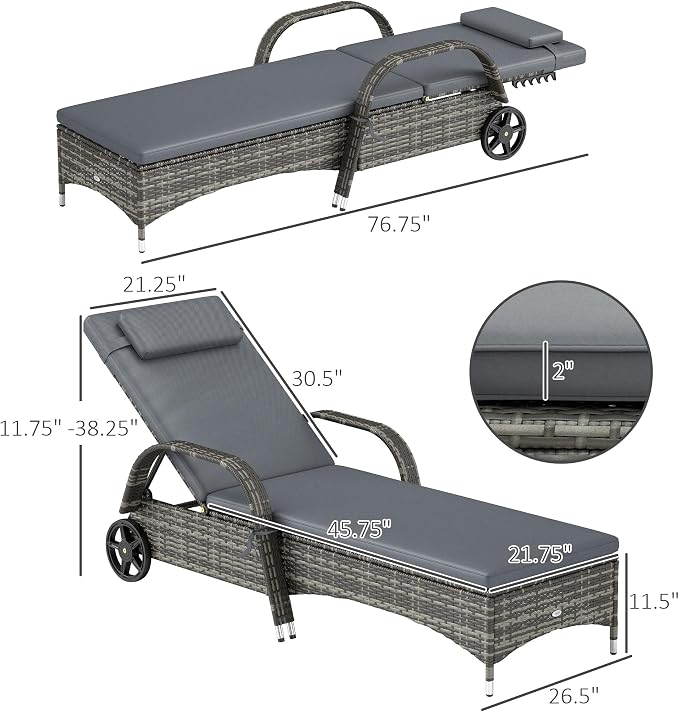 Outsunny Wicker Outdoor Chaise Lounge, 5-Level Adjustable Backrest PE Rattan Pool Lounge Chair with Wheels, Cushion & Headrest, Mixed Gray and Gray
