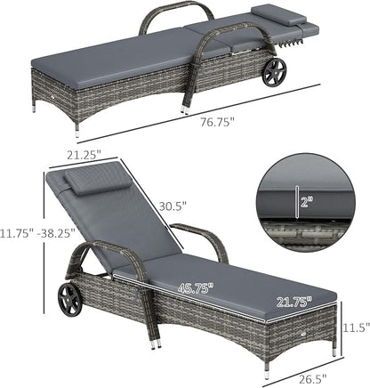 Outsunny Wicker Outdoor Chaise Lounge, 5-Level Adjustable Backrest PE Rattan Pool Lounge Chair with Wheels, Cushion & Headrest, Mixed Gray and Gray