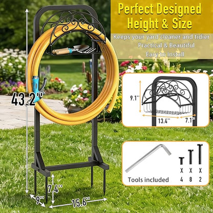 Garden Hose Holder Water Hose Reel Stand with Storage Basket Holds 160ft, Heavy Duty Freestanding Hose Stand with Triangular Base, Metal Hanger for Outside Yard Lawn, Black