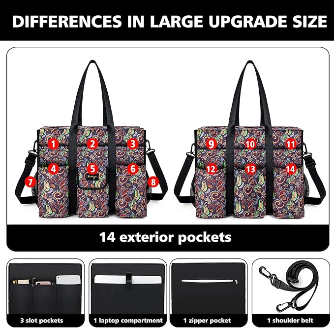 Utility Tote - Water Resistant with 19 Exterior/Interior Pockets - Large Women/Teacher/Work Bag