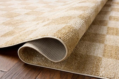 Loloi Chris Loves Julia Calvin Collection CLV-01 Wheat/Ivory 2'-7" x 10'-0" Runner Rug Checkered Neutral Soft Living Room Bedroom Carpet