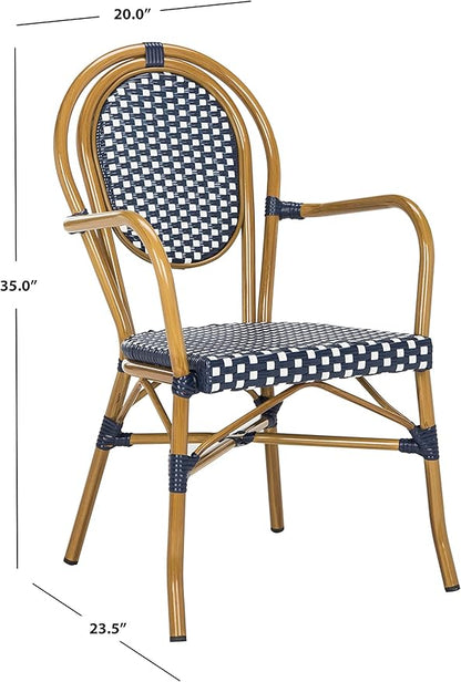 SAFAVIEH PAT4014A-SET2 Outdoor Collection Rosen Navy and White French Bistro Stacking Arm Chair