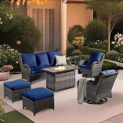 7 Pieces Outdoor Patio Furniture Conversation Set Rattan Wicker with Fire Pit Table, 3 Seat Sofa, 2 Swivel Rocker Chairs, 2 Ottomans and 1 Side Table for Yard Backyard (Grey/Navy Blue)