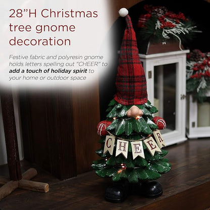 Alpine Corporation 28" Tall Christmas Tree Cheer Gnome Holiday Decoration with 20 Color Changing LED Lights, Multicolor