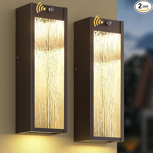 Dusk to Dawn LED Outdoor Wall Light 2 Pack, Bronze 15in Exterior Waterproof Porch Sconces, Large Modern Water Rippleed Outdoor Lighting Wall Mounted Outside Lantern for Garage Front Door