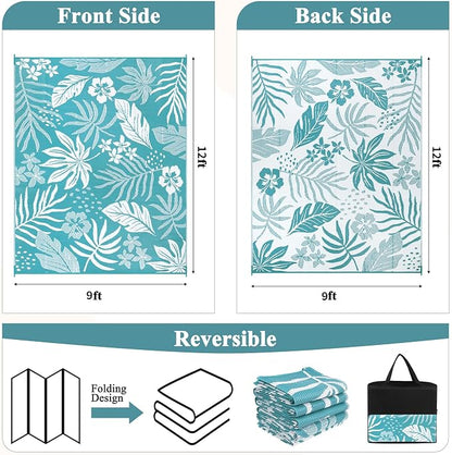 Pauwer Waterproof Outdoor Rug 9x12, Reversible Plastic Straw Patio Camping Rug, Indoor Outdoor RV Mat Carpet for Deck, Camper, Porch, Balcony, Backyard, Picnic, Floral Teal