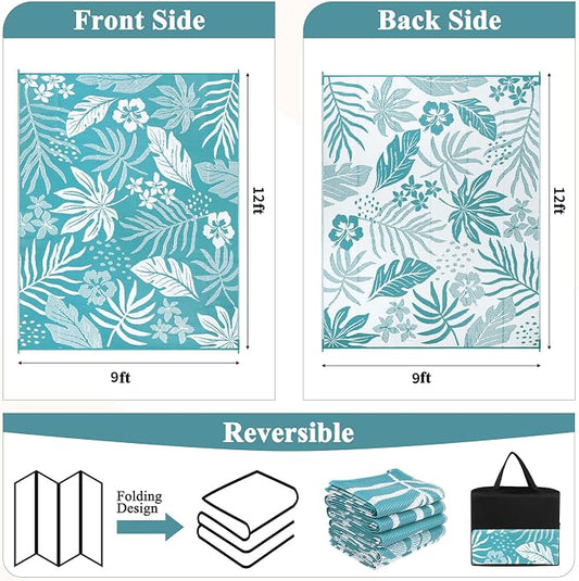 Pauwer Waterproof Outdoor Rug 9x12, Reversible Plastic Straw Patio Camping Rug, Indoor Outdoor RV Mat Carpet for Deck, Camper, Porch, Balcony, Backyard, Picnic, Floral Teal