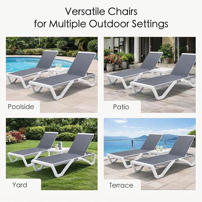 Kozyard 3-Piece Outdoor Chaise Lounge Chair Set, Fully Flat Adjustable Patio Lounger with Aluminum Frame & Resin Legs, Textilene Fabric for Poolside, Backyard & Beach (Gray, 2 Chairs + Table)