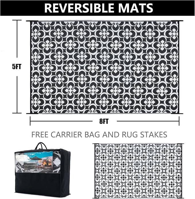 HUGEAR Outdoor Rug, Large Waterproof Outdoor Area Rug, Reversible Portable Outdoor Plastic Straw Carpet for RV Deck Camping Front Door Indoor Outside Porch Picnic (5x8ft Clover Black&White)
