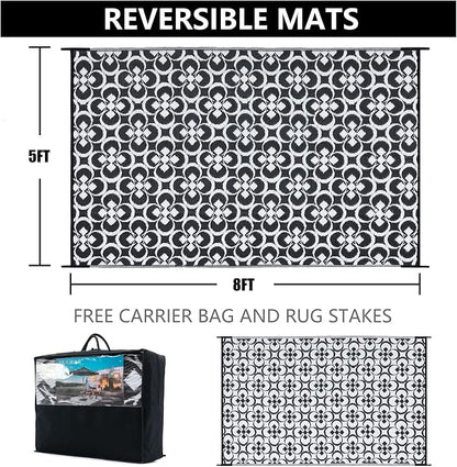 HUGEAR Outdoor Rug, Large Waterproof Outdoor Area Rug, Reversible Portable Outdoor Plastic Straw Carpet for RV Deck Camping Front Door Indoor Outside Porch Picnic (5x8ft Clover Black&White)