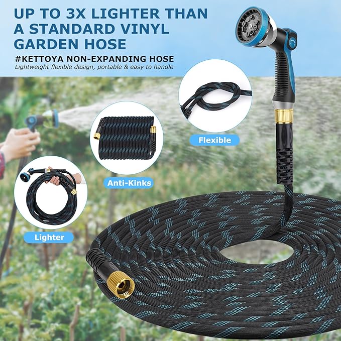 Non-Expanding Garden Hose 150 ft, Kink Free Flexible Water Hose with 10-Pattern Spray Nozzle, Lightweight Hose Pipe, Leak Proof, 3/4" Swivel Connectors, Super Fabric, Portable Storage Strap