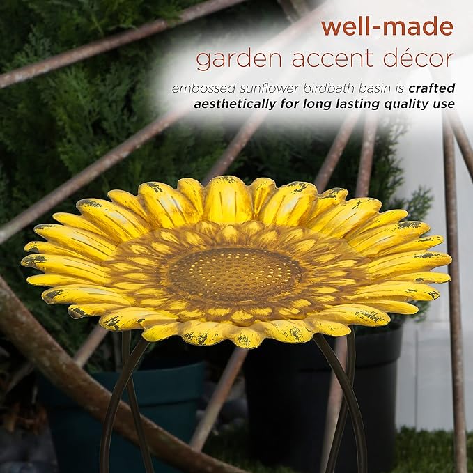 Alpine Corporation 19" H Outdoor Metal Birdbath w/Stylish Stand, Embossed Sunflower Birdbath Bowl and Stand Set, Yellow