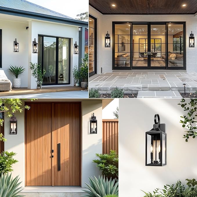 Black Dusk to Dawn Outdoor Wall Lantern 2-Light, 19" Large Outside Modern Wall Sconce Light Fixture, Industrial Porch Light Wall Mount with Glass, Waterproof Farmhouse Exterior Lamp Lighting, 2 Pack