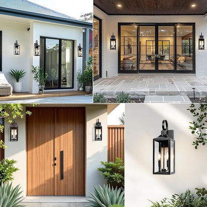 Black Dusk to Dawn Outdoor Wall Lantern 2-Light, 19" Large Outside Modern Wall Sconce Light Fixture, Industrial Porch Light Wall Mount with Glass, Waterproof Farmhouse Exterior Lamp Lighting, 2 Pack