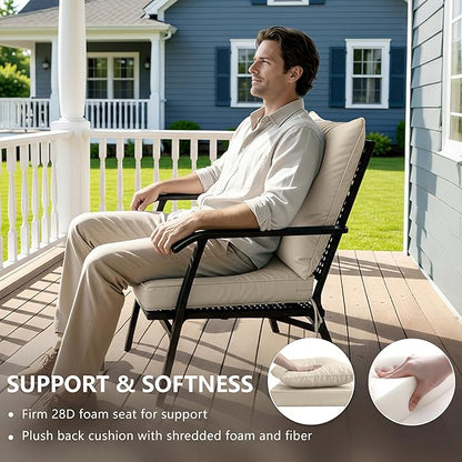 19x19 Inch Patio Chair Cushion with Removable Cover, Outdoor Furniture Cushion - Water-Repellent, Fade-Resistant, Non-Slip Bottom & Straps, Replacement for Lawn, Porch & Deck Chair - Cream