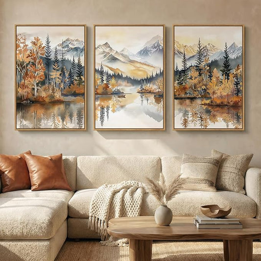 Framed Mountain Forest Landscape Wall Art for Living Room, 3 Piece Orange Neutral Scenic Print Canvas Artwork for Walls, Large Rustic Nature Autumn Picture Wall Decor for Dining Room Hallway, 24x36 In