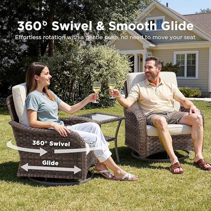 Wicker Patio Furniture Set, 6 Pieces Outdoor Wicker Sofa with Swivel Patio Chairs, Glass Side Table, Ottomans, All Weather High Back Rattan Loveseat Couch with Comfy Cushions, Brown/Beige