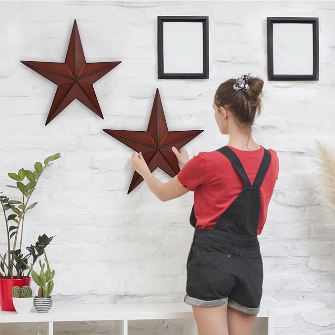 JoyEvy 15.5" 2Pcs Metal Barn Stars,Indoor or Outdoor Texas Stars Art,Red Black Rustic Vintage Western Country Farmhouse Home Wall Decor