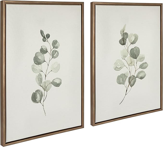 Kate and Laurel Sylvie Eucalyptus 4a & Eucalyptus 4b Framed Canvas Wall Art Set by Maja Mitrovic of Makes My Day Happy, 2 Piece 23x33 Gray, Simple Plant Art Set Wall Décor